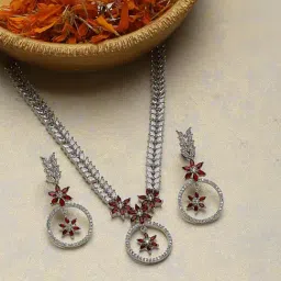 Zeneme Rhodium Plated AD Studded Necklace and Earrings Set-image-82
