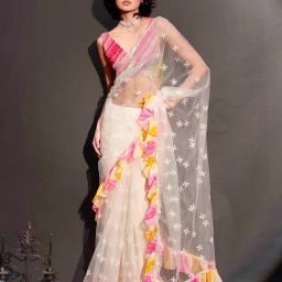 Tikhi Imli White Embroidered Saree with Unstitched Blouse-image-37