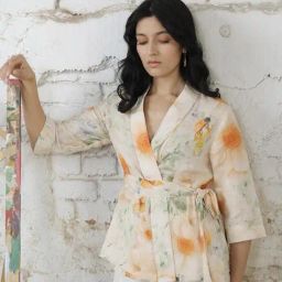RAREISM Off White Linen Printed Three-Quarter Sleeves Shrug-48