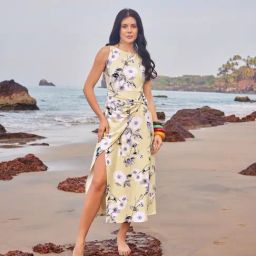 PURVAJA Yellow Knitted Floral Print Midi Dress-image-0