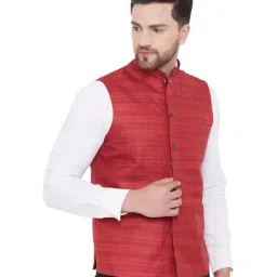 VASTRAMAY Red Regular Fit Self Pattern Nehru Jacket image 4