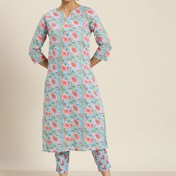 Sangria Women Blue & Pink Ethnic Motifs Printed Pure Cotton Kurta with Trousers-44