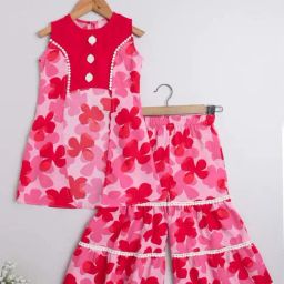 The Magic Wand Kids Red & Pink Cotton Floral Print Kurta Set-14