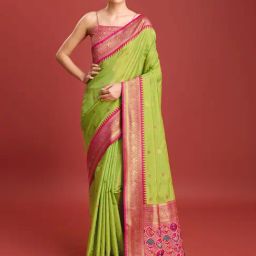 Monjolika Parrot Green Banarasi Tissue Silk Zari Woven Saree with Blouse-picture-31