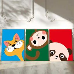 Art Street Multicolor Cotton Canvas Cartoon Cute Panda Animals Painting - Set of 3-image-84