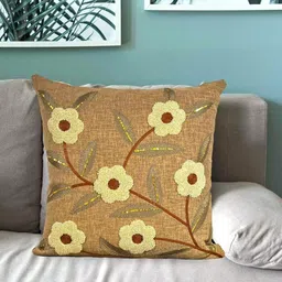 TANLOOMS Brown & Yellow Embroidered Linen Square Cushion Covers-image-67