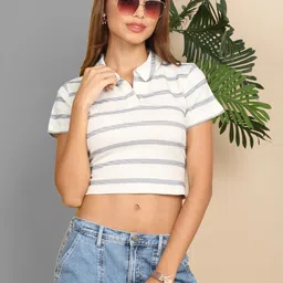 SZN Women Striped Polo Collar Slim Fit T-shirt-picture-2