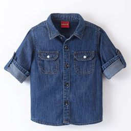 Babyhug 100% Cotton Woven Full Sleeves Washed Denim Two Pocket Shirt - Blue-picture-12