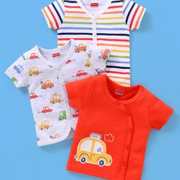 Babyhug 100% Cotton Vests Striped & Cars Print Pack of 3 - Red Grey & White-image-95