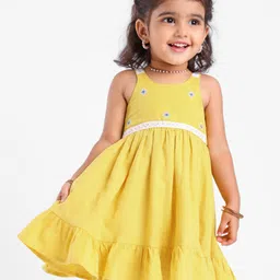 Babyhug Crinckled Cotton Sleeveless Ethnic Dress With Embroidery Detailing - Yellow-picture-10