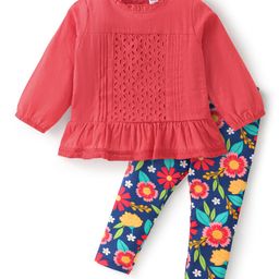Babyhug Cotton Woven Full Sleeves Top & Pant Set with Floral Print - Red & Navy Blue-image-79