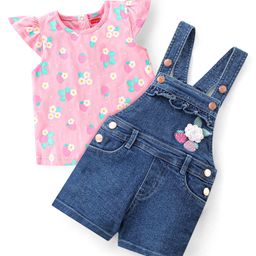 Babyhug Single Jersey Woven Half Sleeves Dungarees & Sets With Back Snap Buttons Strawberry Print - Pink & Blue-image-28