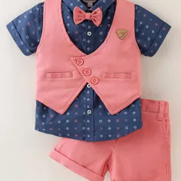 ToffyHouse 100% Woven Cotton Twill With Spandex Half Sleeves Three Piece Party Suit with Bow - Pink & Navy Blue-picture-31