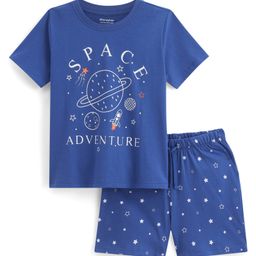 Honeyhap Premium 100% Cotton Single Jersey With Bio Finish Half Sleeves Night Suit With Space Print - Blue Quartz-image-28