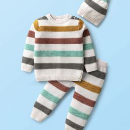 Babyhug Cotton Knit Full Sleeves Striped Sweater Set with Cap - White-image-18