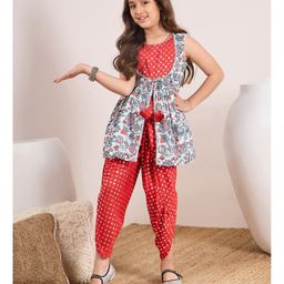Pspeaches Sleeveless Floral Printed Kurta With Dhoti - Red-image-35