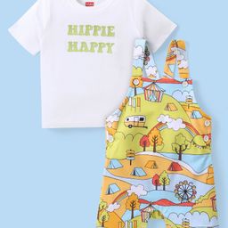 Babyhug Cotton Knit Half Sleeves T-Shirt & Printed Dungaree Set- Multicolour-image-84
