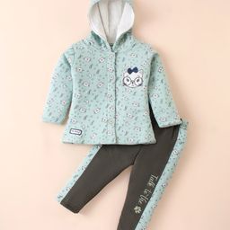 Little Darlings Quilted Cotton Full Sleeves Hooded Winter Night Suit With Kitten Print - Light Green-image-93