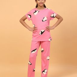 Ninos Dreams 100% Cotton Knit Half Sleeves Penguin Printed Night Suit -Pink-image-71