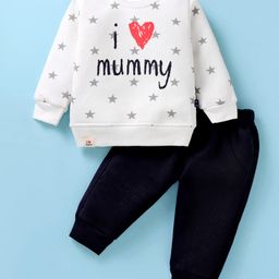 Mini Taurus Fleece Knit Full Sleeves T-Shirt with Lounge Pant Winter Set Text Print - Navy Blue-image-98