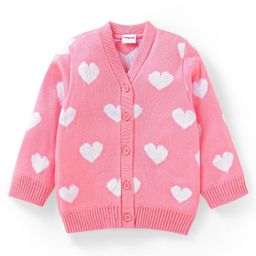 Babyhug Knitted Full Sleeves Front Open Sweater with Hearts Design - Pink-image-22