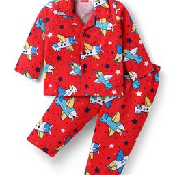 Babyhug Cotton Knit Full Sleeves Front Open Co-ords Night Suit with Airplane Print - Red-image-99