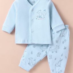 Zero Interlock Knit Full Sleeves Front Open T-Shirt & Lounge Pant Set With Animal & Bird Print - Aqua Blue-picture-26