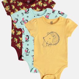 MINI KLUB Cotton Pack Of 3 Half Sleeves Floral & Animal Onesies - Brown Blue & Beige-picture-39