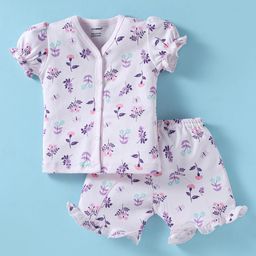 CUCUMBER Sinker Knit Half Sleeves Floral Printed Shorts Night Suit - Pink-image-94