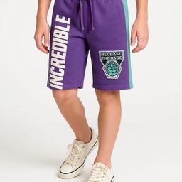 Pine Kids Marvel Terry Knit Knee Length Cut And Sew Shorts With Avengers Hulk Graphics And Badge Detailing - Purple-image-74