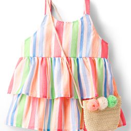 Little Kangaroos Woven Sleeveless Striped Party Top With Sling Bag - Peach-image-29