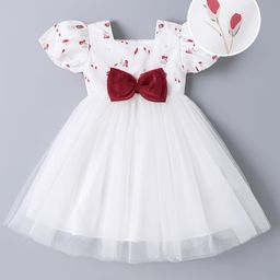 Mark & Mia Half Sleeves Party Dress With Floral Print & Bow Applique - White-image-69