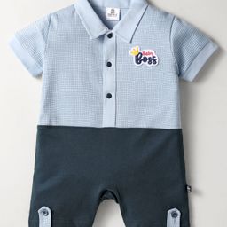 Mini Taurus Interlock Knit Half Sleeves Collared Romper with Baby Boss Patch Detailing - Light Blue-image-75