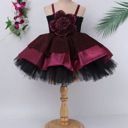 TINY MINY MEE Elastane Sleeveless Floral Applique Detailed Shimmered & Layered Dress - Wine-image-92