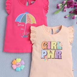 BUMZEE Cotton Pack Of 2 Cap Sleeves Girl Pwr Text & Umbrella Printed Tops - Peach & Pink-image-65