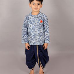 Lil' Drama Cotton Full Sleeves Floral & Leaves Printed Kurta Dhoti Set - Blue-picture-9