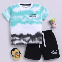 Little Ninja Pure Cotton Half Sleeves Tie Dye & Excel Drive Text Printed Coordinating Tee & Shorts Set - Blue & Black-picture-3