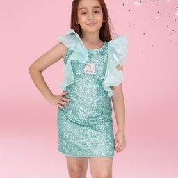 Cutecumber Woven Sleeveless Sequins Embellished & Frill Detailed Shift Dress - Aqua Blue-image-57