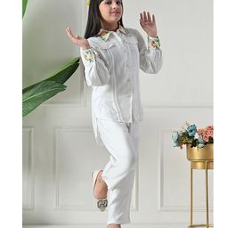 Bella Moda Cotton Woven Three Fourth Sleeves Floral Placket Embroidered Shirt Style Top & Pant Set - White-picture-27