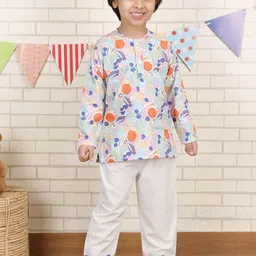 Polka Tots Boys Floral Printed Mandarin Collar Pure Cotton Straight Kurta With Pyjamas-image-74