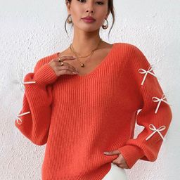 Blooming Tales Women V-Neck Ribbed Tie-up Pullover Sweaters-picture-49