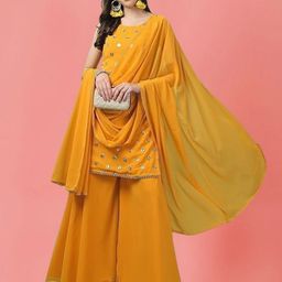 PARROT CREATION Geometric Embroidered Sequinned Georgette Kurti with Sharara And Dupatta-41