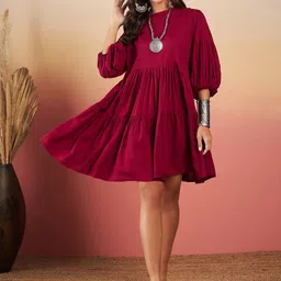 InWeave Tie-Up Neck Puff Sleeve Empire Dress-image-55