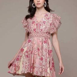 Label Ritu Kumar Pink Cotton Fitted Floral Print Dress-image-21