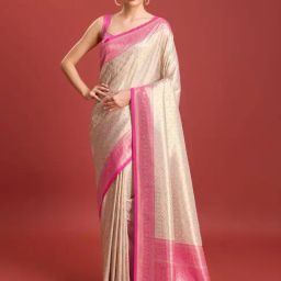 Monjolika Off White and Pink Kanjivaram Silk Zari Woven Saree with Blouse-image-86
