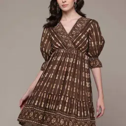 Label Ritu Kumar Brown Fitted Printed Dress-image-7