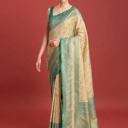 Monjolika Beige Banarasi Tissue Silk Zari Woven Saree with Blouse-image-67