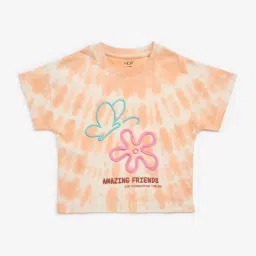 HOP Kids by Westside Light Peach Tie-Dye Printed Cotton T-Shirt-image-51