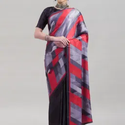 Satrani Black & Red Geometric Print Saree With Unstitched Blouse-picture-5