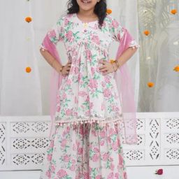 Little Bansi Girls Light Pink Cotton Floral Print Suit Sets-picture-19